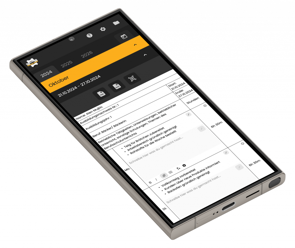 Berichtsheft Generator Dashboard mit Aufgabenliste